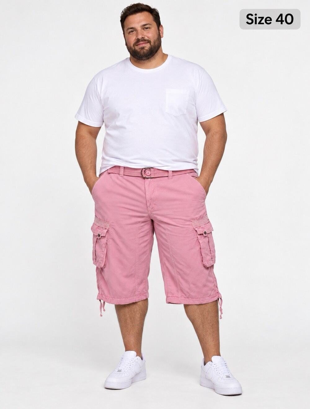 X-ray Jeans Belted 18” Long Cargo Shorts, Pastel Pink, Size 40